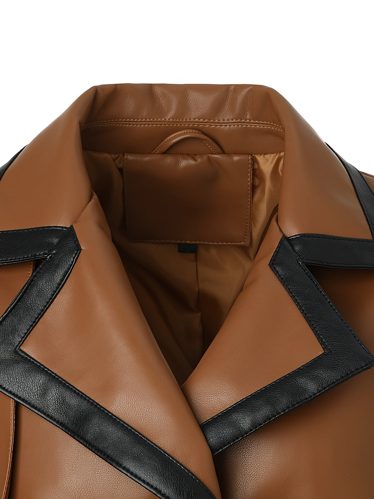 Noelle | Contrast Trim Belted Faux Leather Coat