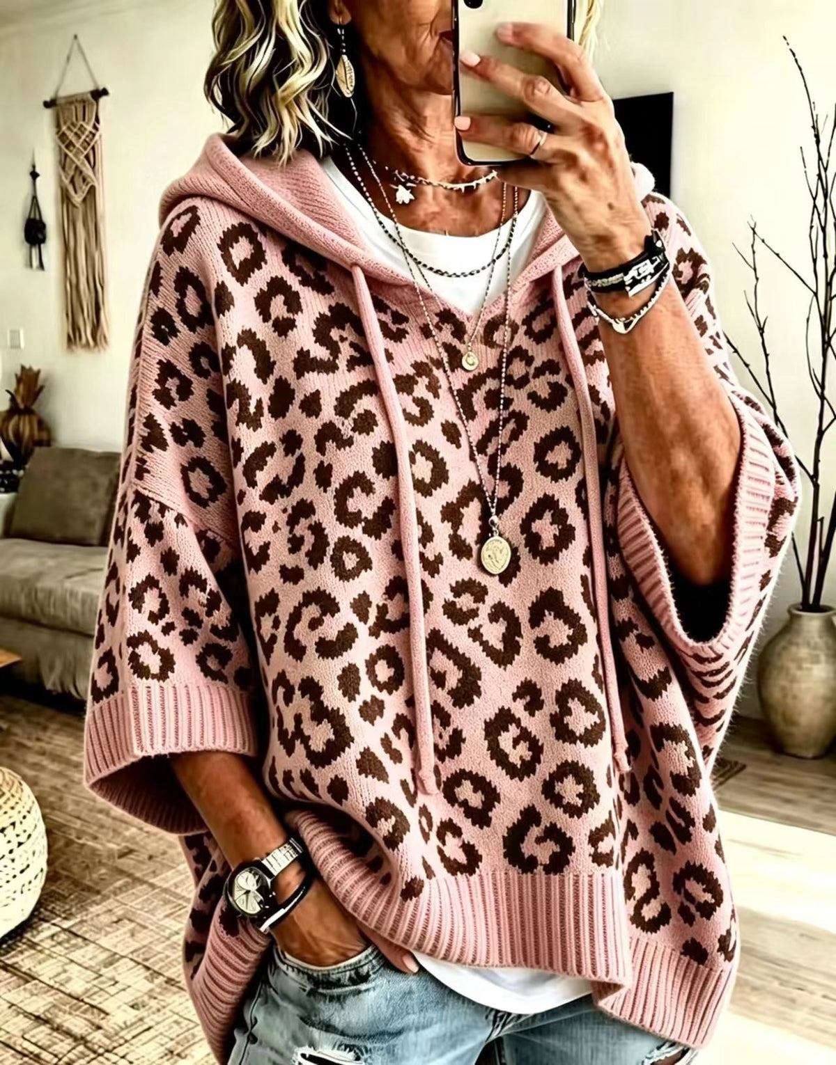 Kaia | Leopard Print Hooded Knit Poncho Sweater