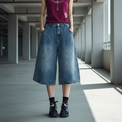 Sawyer | Star Embroidered Wide-Leg Denim Shorts