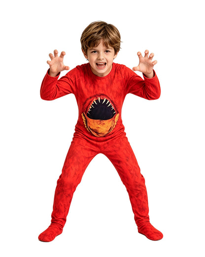 Kids Chapter 5 Red Monster Costume Horror Game Belly Mouth Jumpsuit Helmet and Gloves Set for Halloween Cosplay