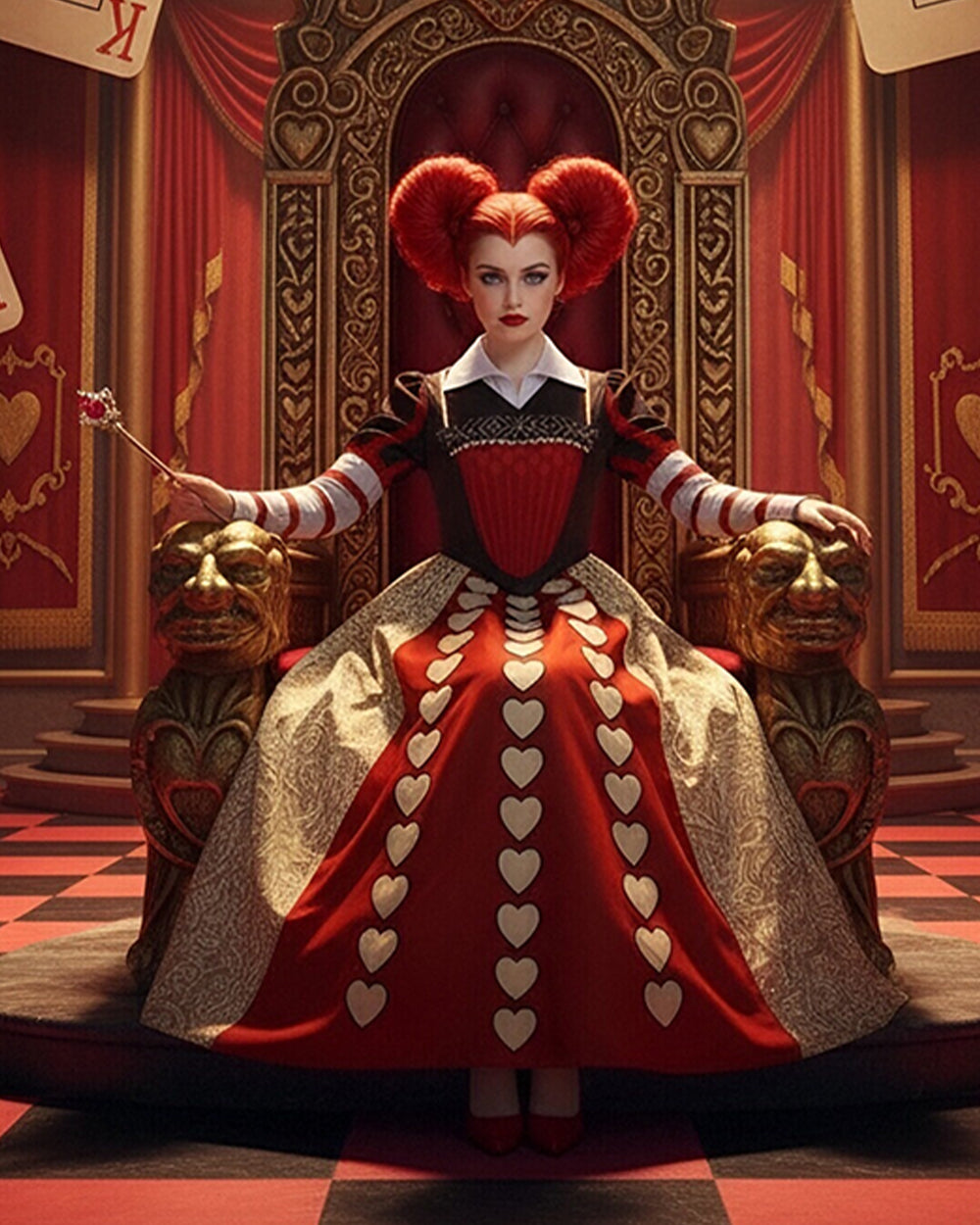 Women Red Heart Queen Dress Gothic Villain Queen Stand Collar Ball Gown for Comic Conventions