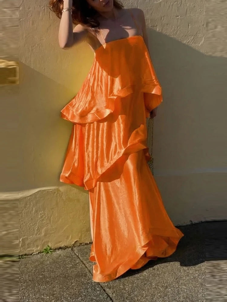 Satin Layered Maxi Dress Sleeveless Elegant Vacation Party Gown