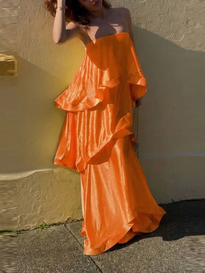 Satin Layered Maxi Dress Sleeveless Elegant Vacation Party Gown