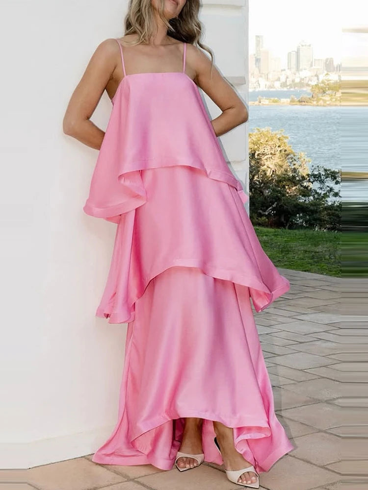 Satin Layered Maxi Dress Sleeveless Elegant Vacation Party Gown