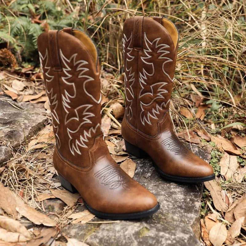 Men's Retro Western Cowboy Mid-Calf Boots
