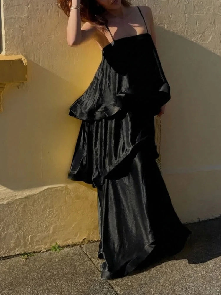 Satin Layered Maxi Dress Sleeveless Elegant Vacation Party Gown
