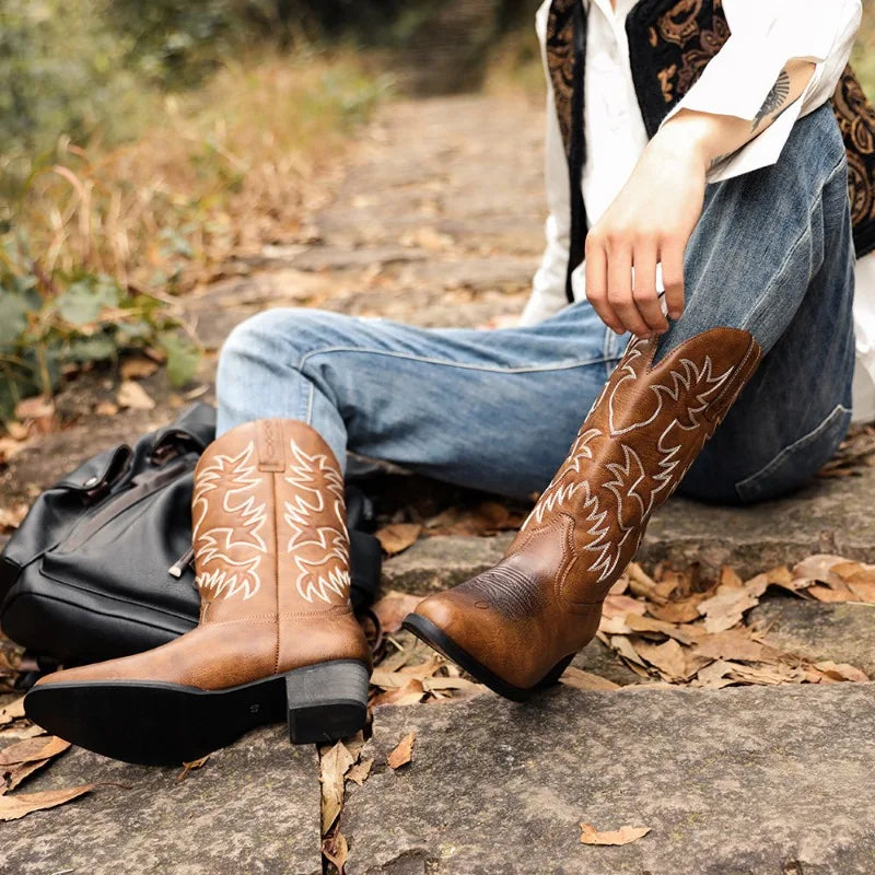 Men's Retro Western Cowboy Mid-Calf Boots