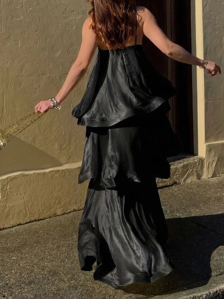 Satin Layered Maxi Dress Sleeveless Elegant Vacation Party Gown