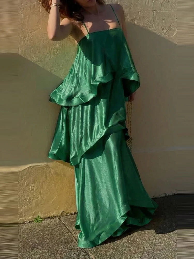 Satin Layered Maxi Dress Sleeveless Elegant Vacation Party Gown