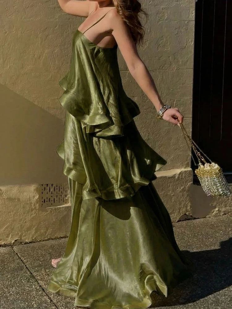 Satin Layered Maxi Dress Sleeveless Elegant Vacation Party Gown