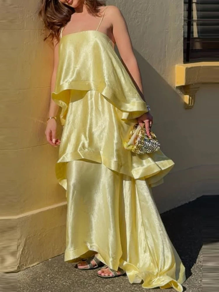 Satin Layered Maxi Dress Sleeveless Elegant Vacation Party Gown
