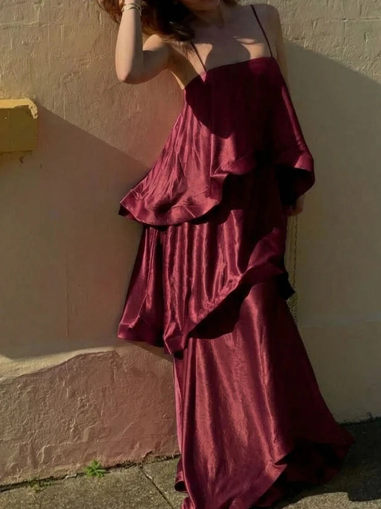 Satin Layered Maxi Dress Sleeveless Elegant Vacation Party Gown