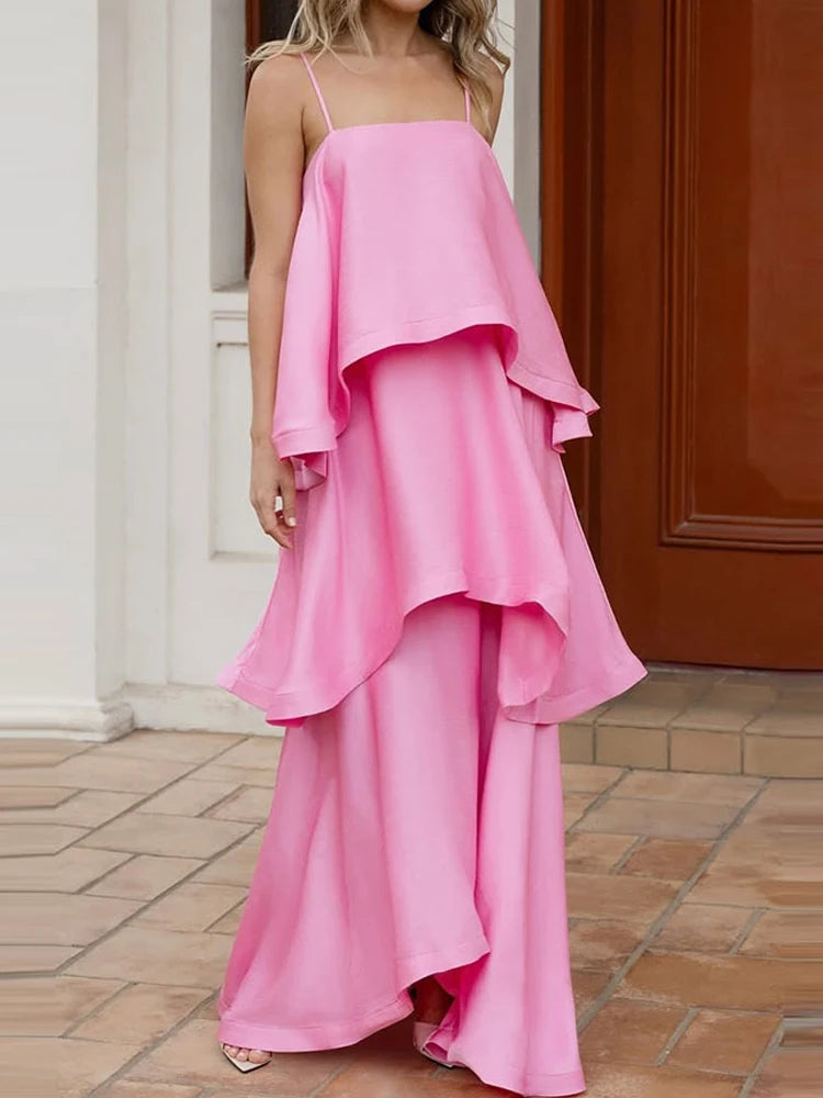 Satin Layered Maxi Dress Sleeveless Elegant Vacation Party Gown
