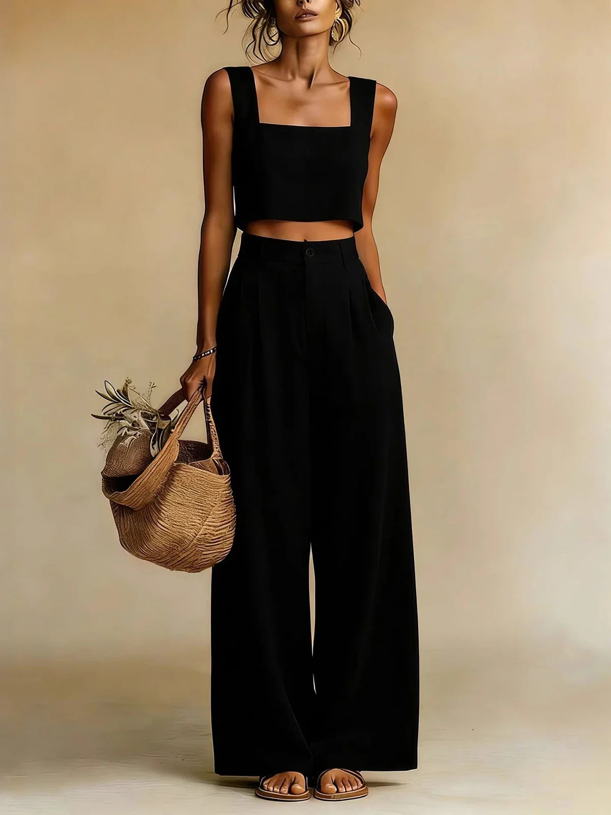 Haven Beck Peachy Palazzo Pants Set Sleeveless Square Neck Wide Leg