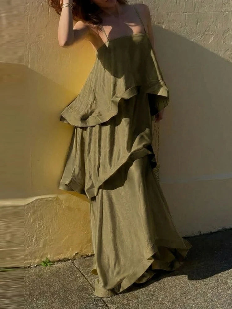 Satin Layered Maxi Dress Sleeveless Elegant Vacation Party Gown