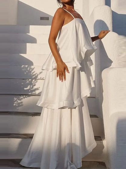 Satin Layered Maxi Dress Sleeveless Elegant Vacation Party Gown