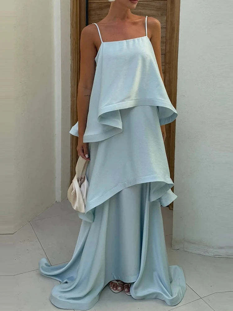 Satin Layered Maxi Dress Sleeveless Elegant Vacation Party Gown
