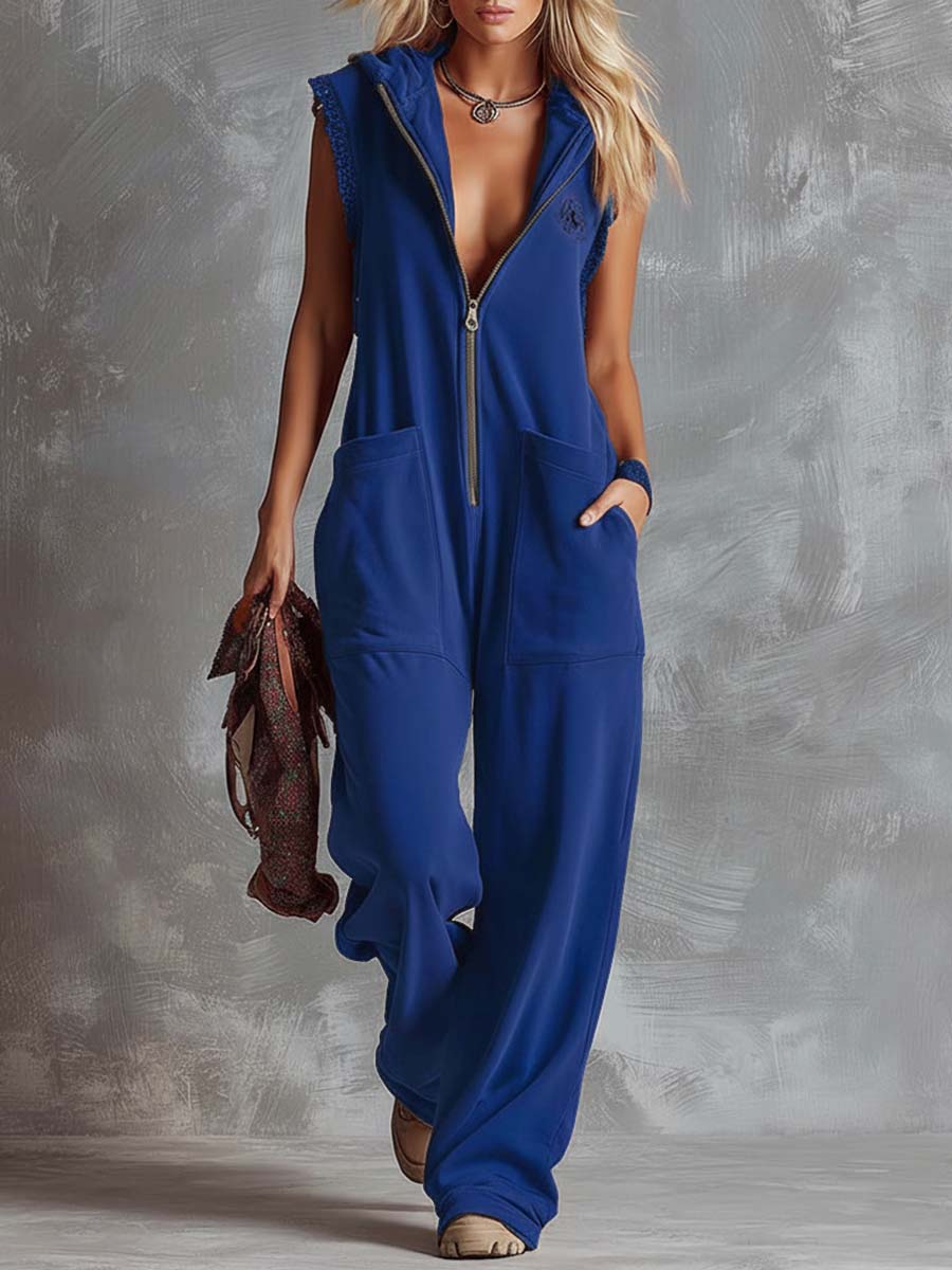 Women's Breathable Cotton Jumpsuit | Sporty Hooded V-Neck with Zipper 11