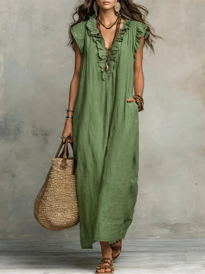Women's Breathable Cotton Linen Dress | Elegant Ruffled Casual Summer Outfit 1