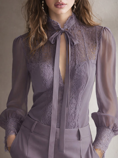 Women's Chiffon Blouse | Elegant Lace Tie Neck Long Sleeve Top 10