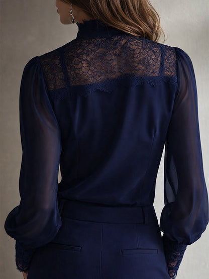 Women's Chiffon Blouse | Elegant Lace Tie Neck Long Sleeve Top 8