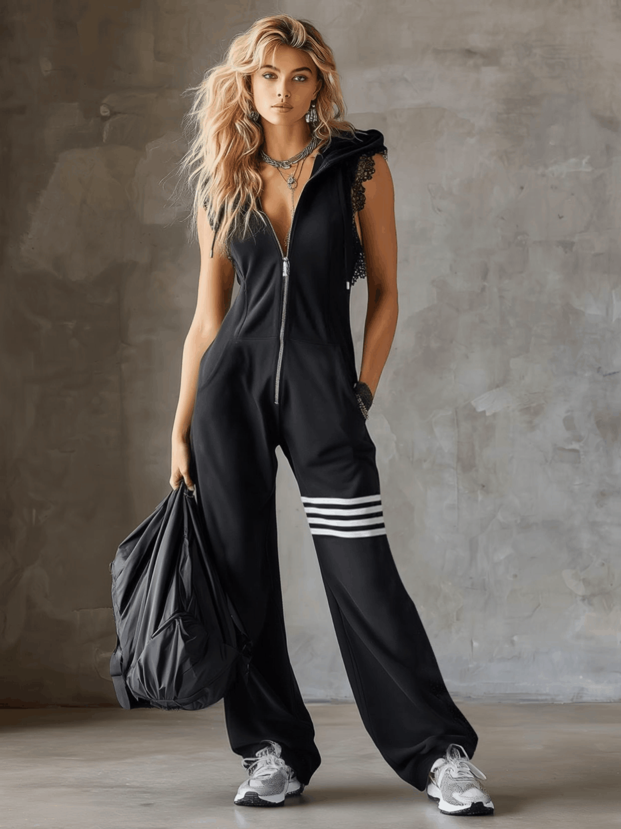 Women's Cotton-Blend Black Jumpsuit | Sporty Retro Sleeveless Hooded Romper 1