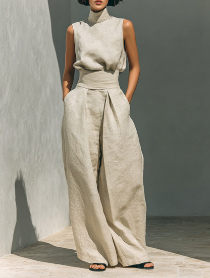 Women's Cotton Linen Blend Loungewear | Relaxed Two-Piece Set with Sleeveless Blouse and Wide-Leg Pants 0