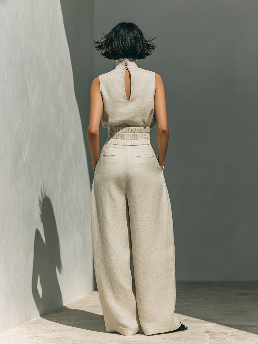 Women's Cotton Linen Blend Loungewear | Relaxed Two-Piece Set with Sleeveless Blouse and Wide-Leg Pants 1