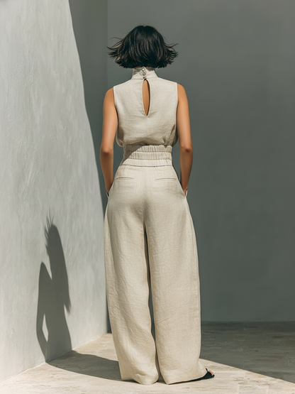 Women's Cotton Linen Blend Loungewear | Relaxed Two-Piece Set with Sleeveless Blouse and Wide-Leg Pants 1