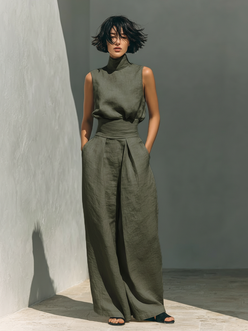 Women's Cotton Linen Blend Loungewear | Relaxed Two-Piece Set with Sleeveless Blouse and Wide-Leg Pants 2