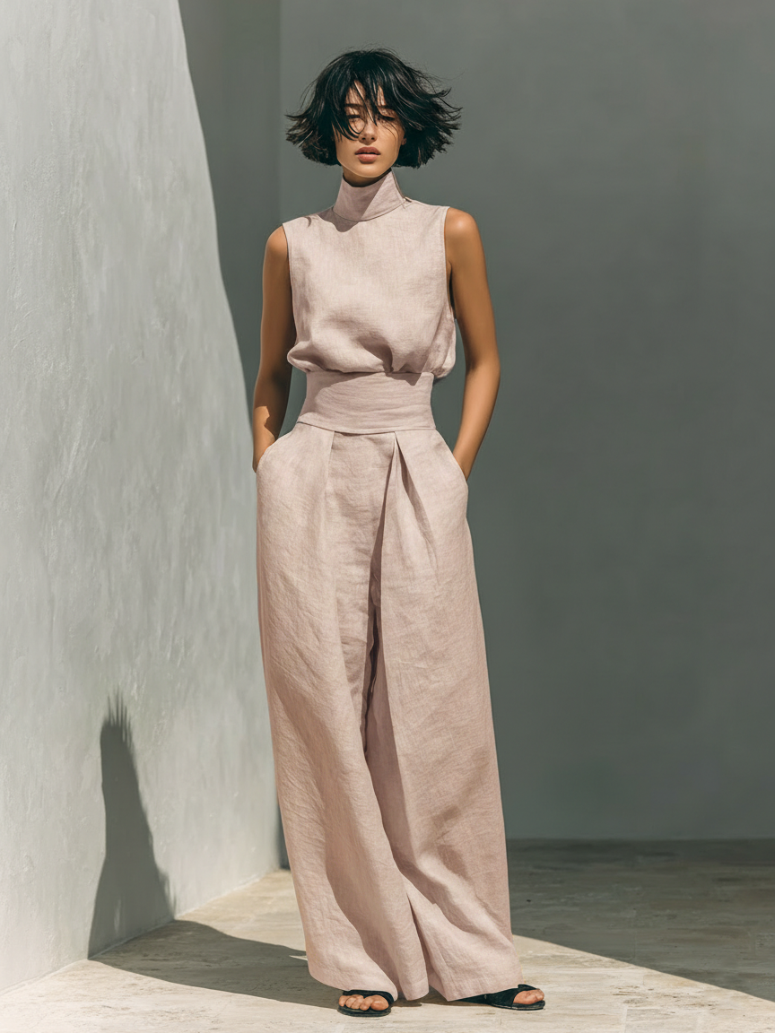 Women's Cotton Linen Blend Loungewear | Relaxed Two-Piece Set with Sleeveless Blouse and Wide-Leg Pants 4