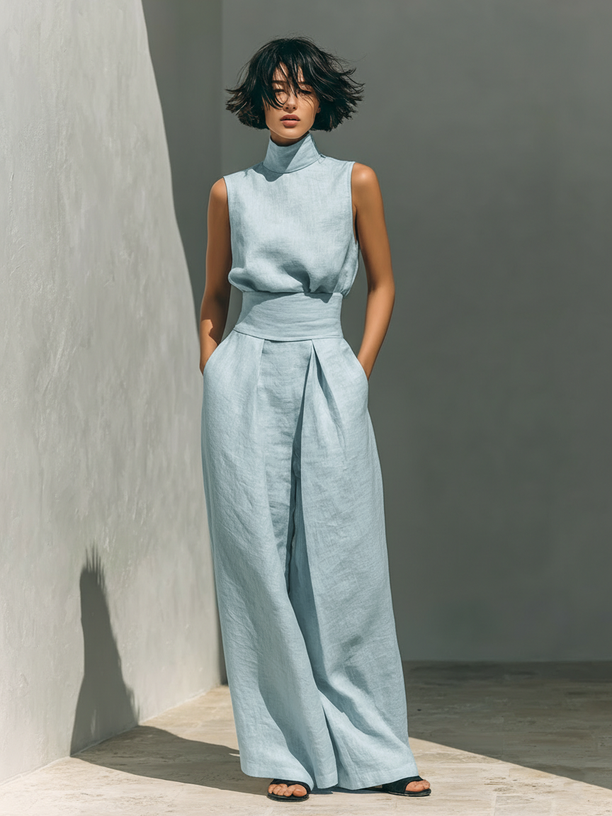 Women's Cotton Linen Blend Two-Piece Set | Stylish Sleeveless Blouse and Relaxed Wide-Leg Pants 3