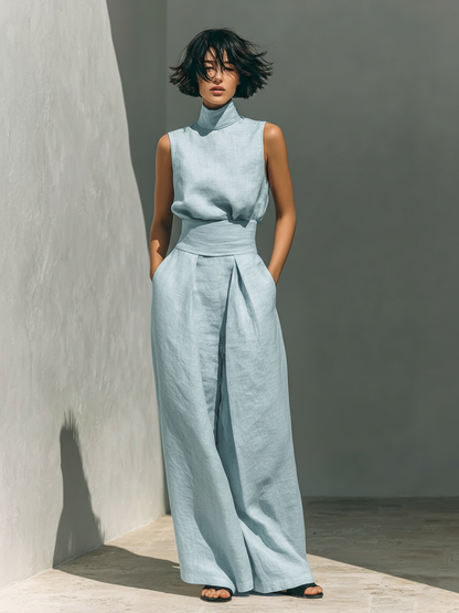 Women's Cotton Linen Blend Two-Piece Set | Stylish Sleeveless Blouse and Relaxed Wide-Leg Pants 3