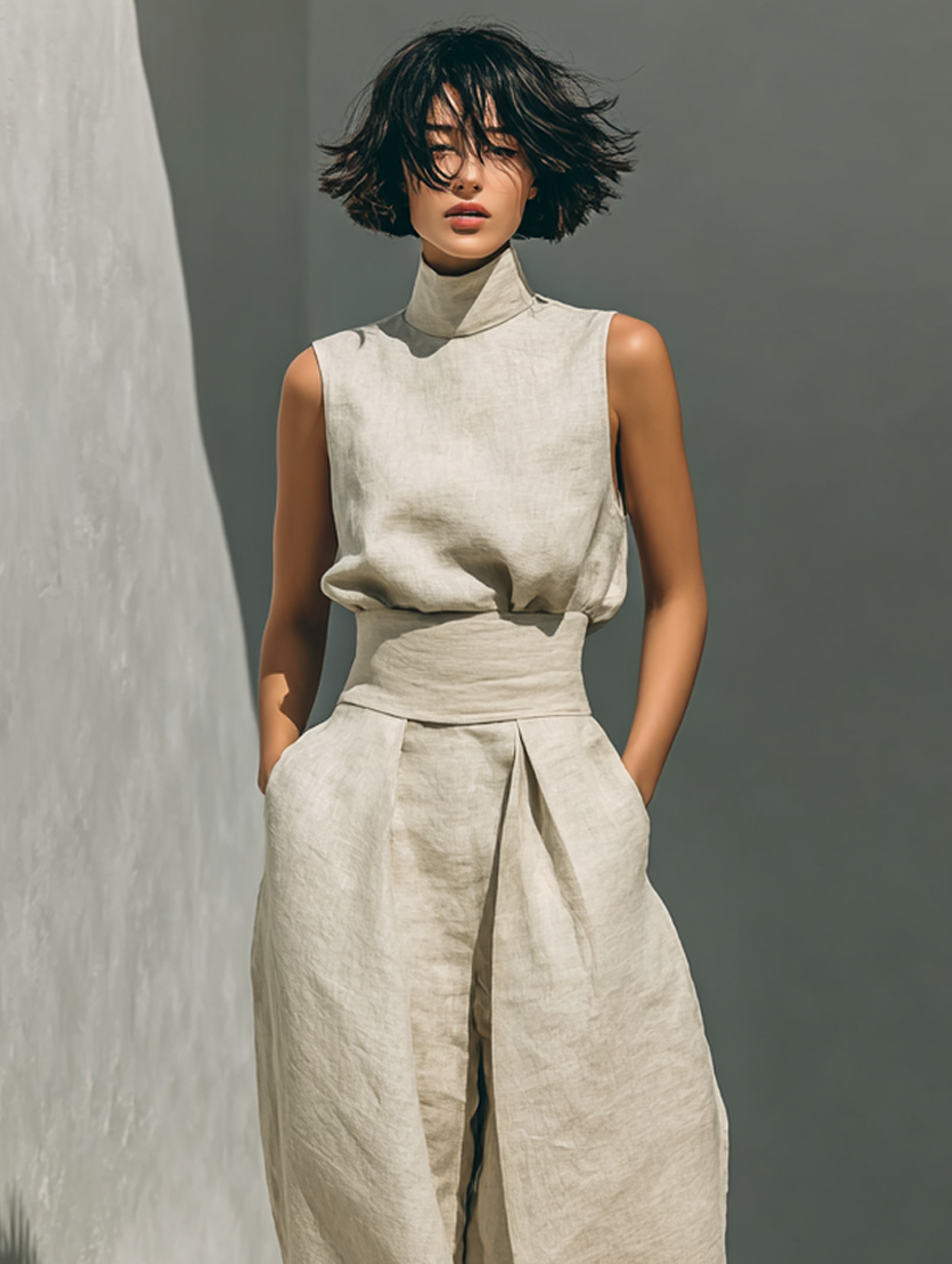 Women's Cotton Linen Blend Two-Piece Set | Stylish Sleeveless Blouse and Relaxed Wide-Leg Pants 5