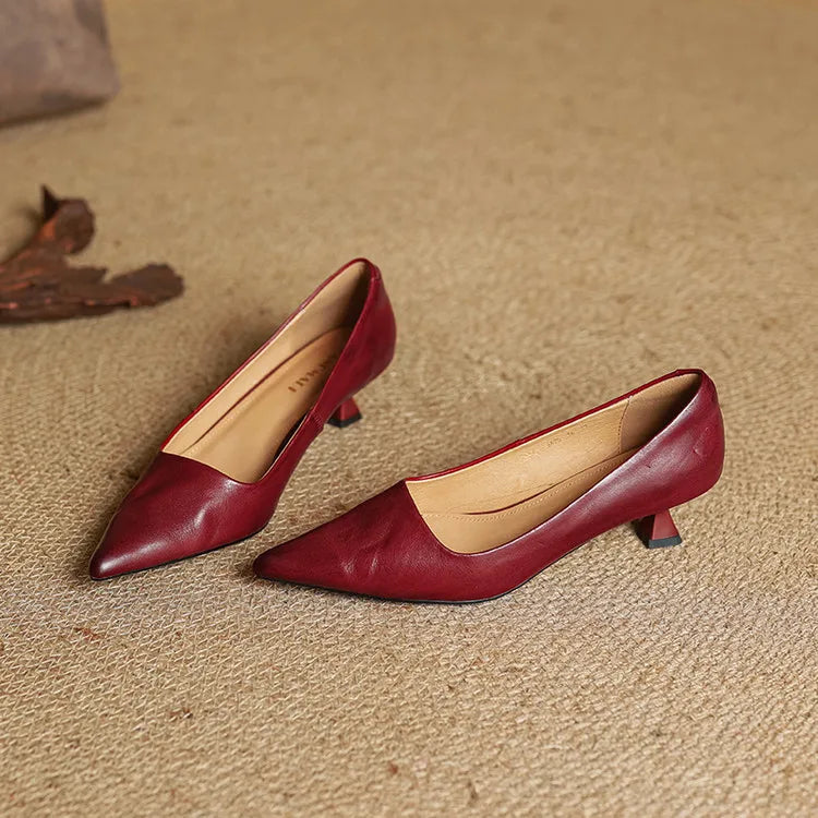 Women's Genuine Leather Kitten Heels | Elegant Pointed-Toe Dress Shoes 7