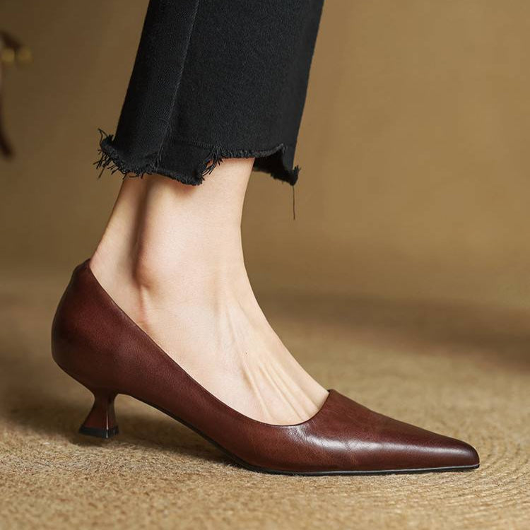 Women's Genuine Leather Kitten Heels | Elegant Pointed-Toe Dress Shoes 9