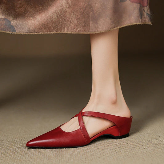 Women's Genuine Leather Mules | Stylish Cross-Strap Pointed-Toe Shoes 0