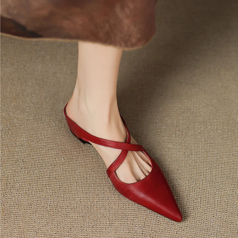 Women's Genuine Leather Mules | Stylish Cross-Strap Pointed-Toe Shoes 2
