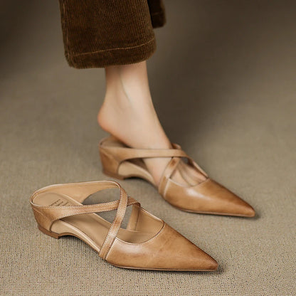 Women's Genuine Leather Mules | Stylish Cross-Strap Pointed-Toe Shoes 6