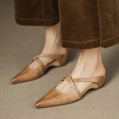 Women's Genuine Leather Mules | Stylish Cross-Strap Pointed-Toe Shoes 8