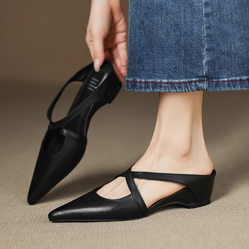 Women's Genuine Leather Mules | Stylish Cross-Strap Pointed-Toe Shoes 9