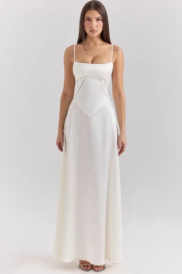 Women's Ivory Silky Satin Maxi Dress | Elegant Lace-Up Corset Formal Gown 0