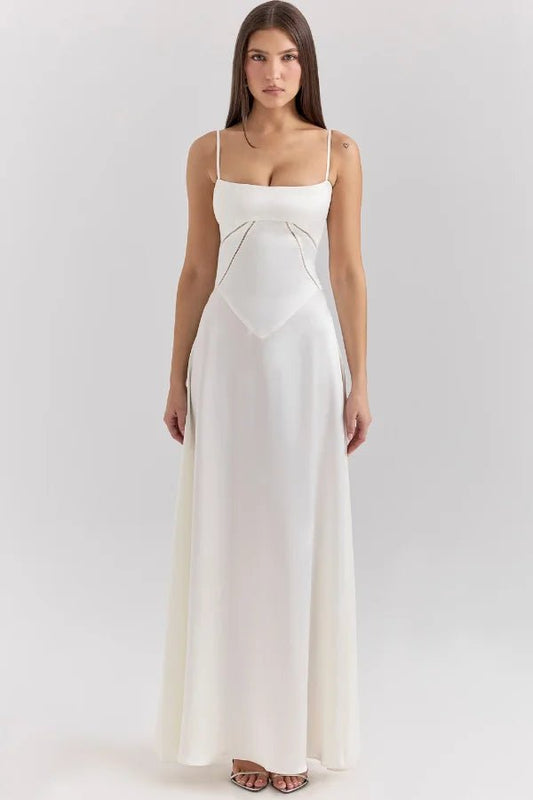 Women's Ivory Silky Satin Maxi Dress | Elegant Lace-Up Corset Formal Gown 0