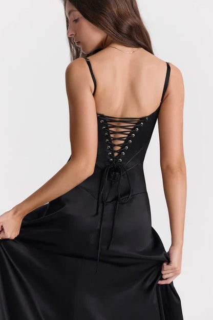 Women's Ivory Silky Satin Maxi Dress | Elegant Lace-Up Corset Formal Gown 10