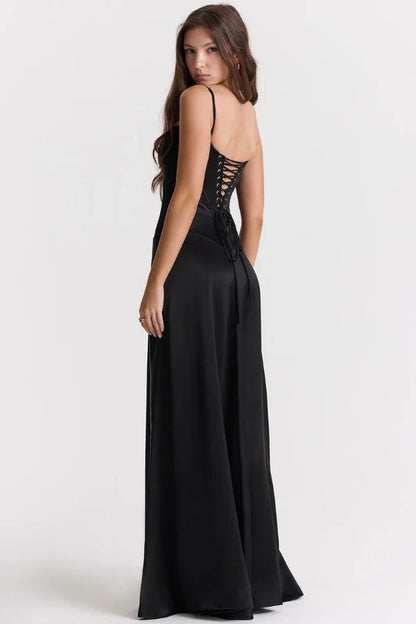 Women's Ivory Silky Satin Maxi Dress | Elegant Lace-Up Corset Formal Gown 7