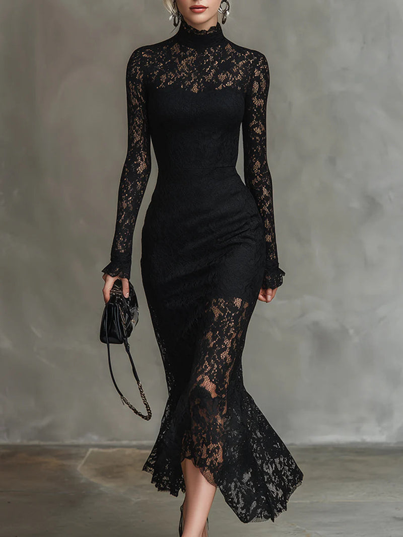 Women's Lace Bodycon Midi Dress | Elegant Long Sleeve Cocktail Dress 0
