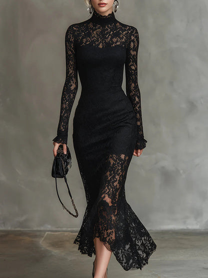 Women's Lace Bodycon Midi Dress | Elegant Long Sleeve Cocktail Dress 0