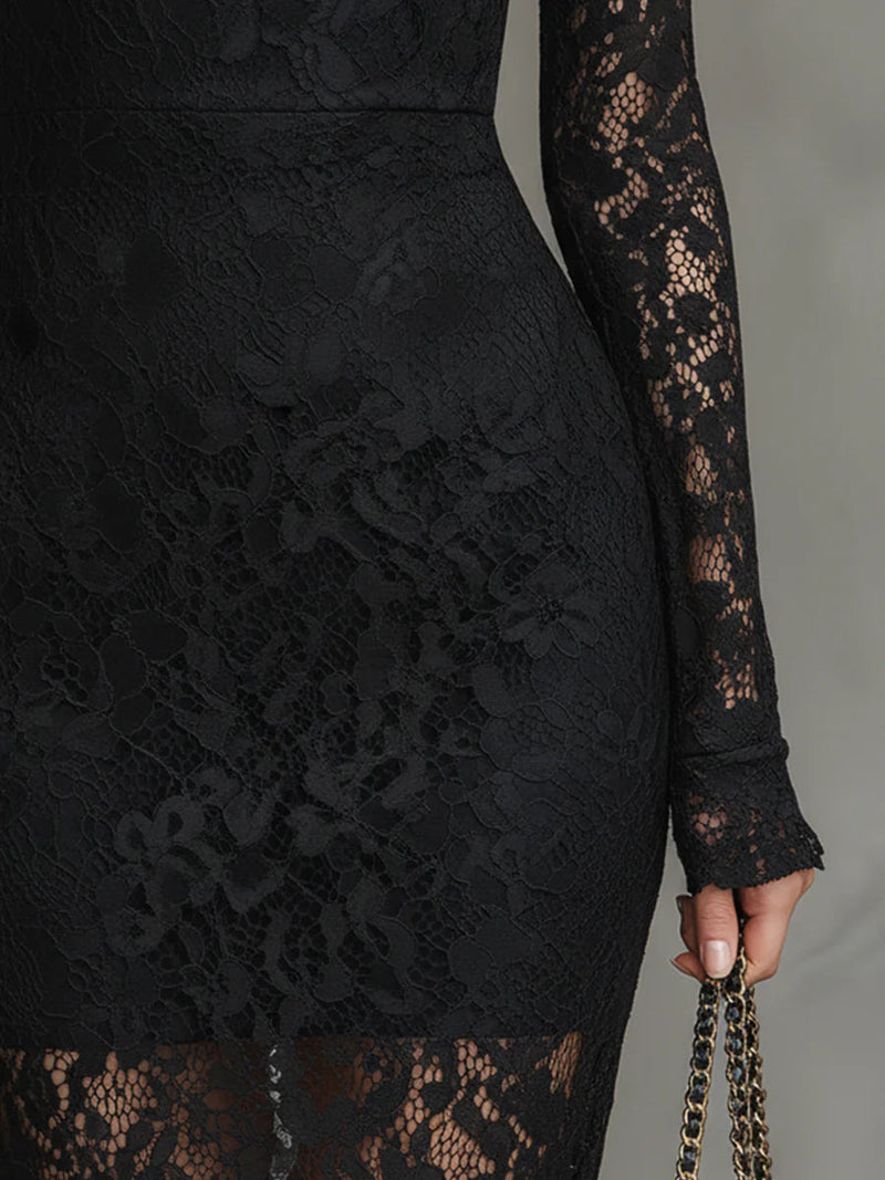 Women's Lace Bodycon Midi Dress | Elegant Long Sleeve Cocktail Dress 3