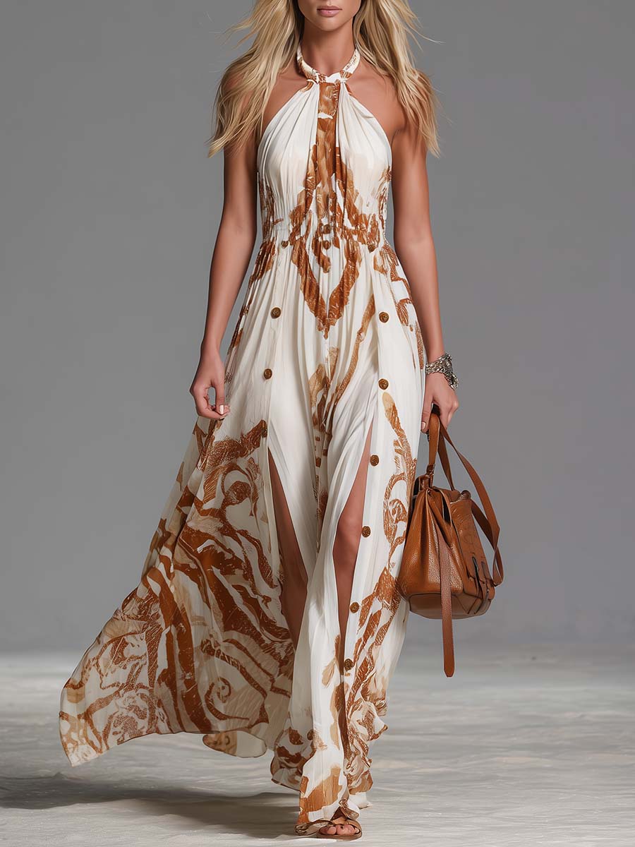Women's Lightweight Chiffon Maxi Dress | Vintage Bohemian Halter Neck with Western Print 0