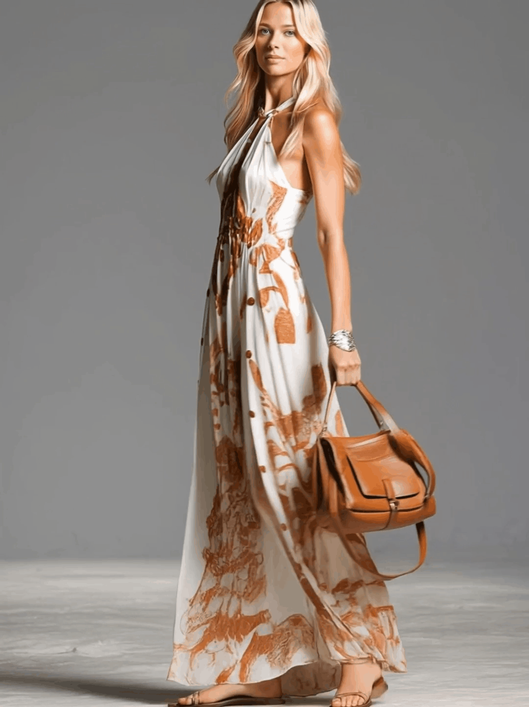 Women's Lightweight Chiffon Maxi Dress | Vintage Bohemian Halter Neck with Western Print 2